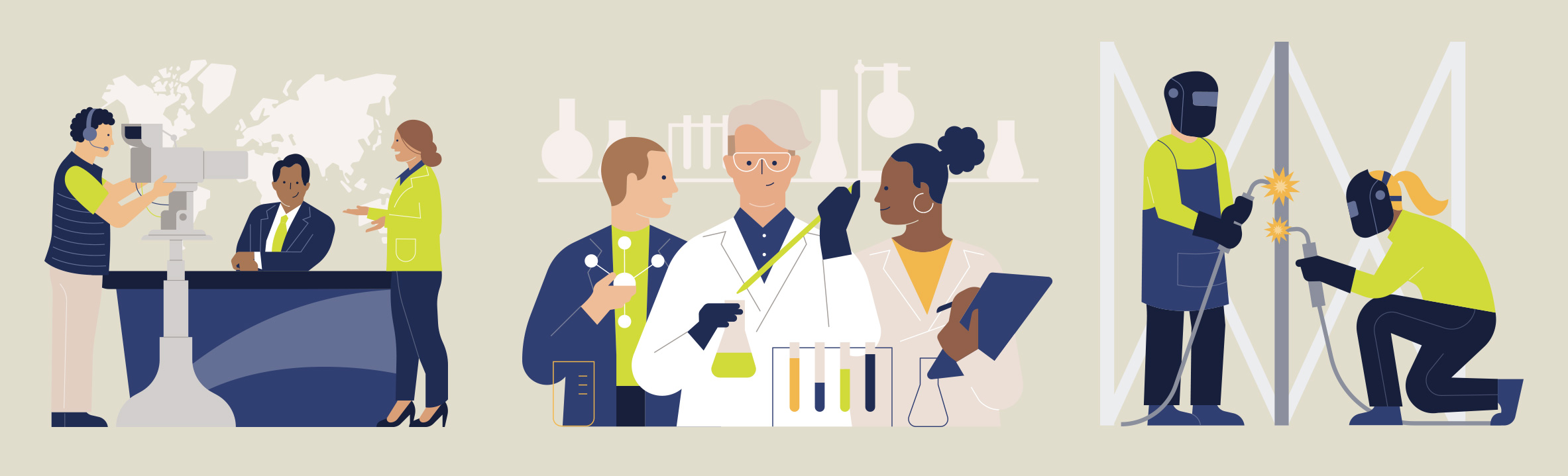 Illustrations of different people in different organisations.